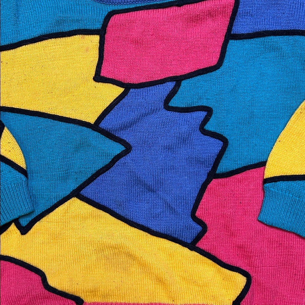 Vintage Colorblock Abstract Pattern Crewneck Sweater - Pink/Yellow/Blue - Picture 2 of 4